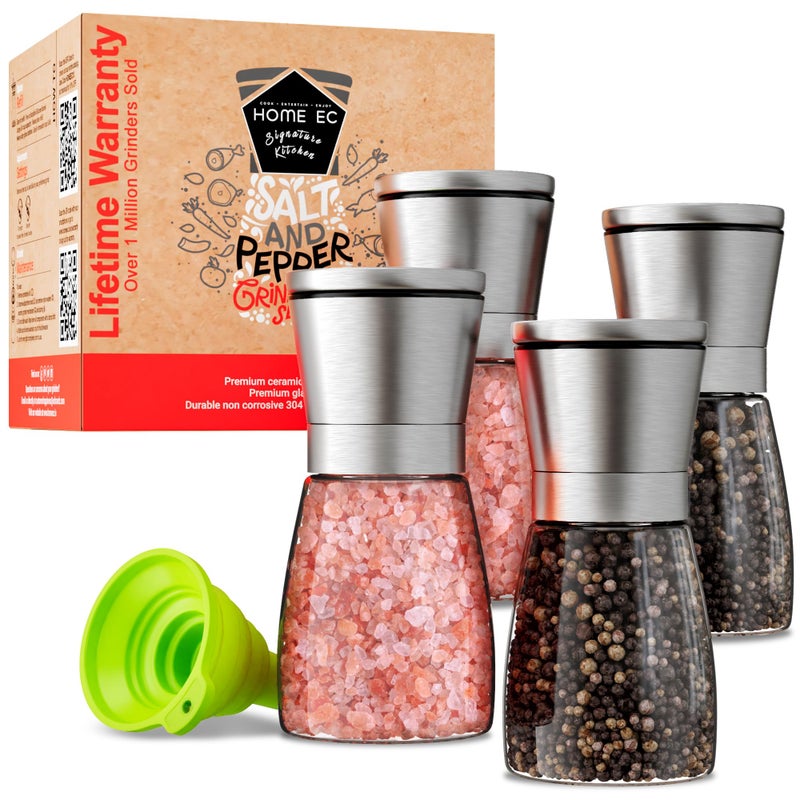 Home EC Original Stainless Steel Sea Salt and Pepper Grinder Set of 4 - Adjustable Ceramic - Glass Salt and Pepper Shakers Mills - Modern Kitchen Spice Mill W/Funnel & EBook - Image 1